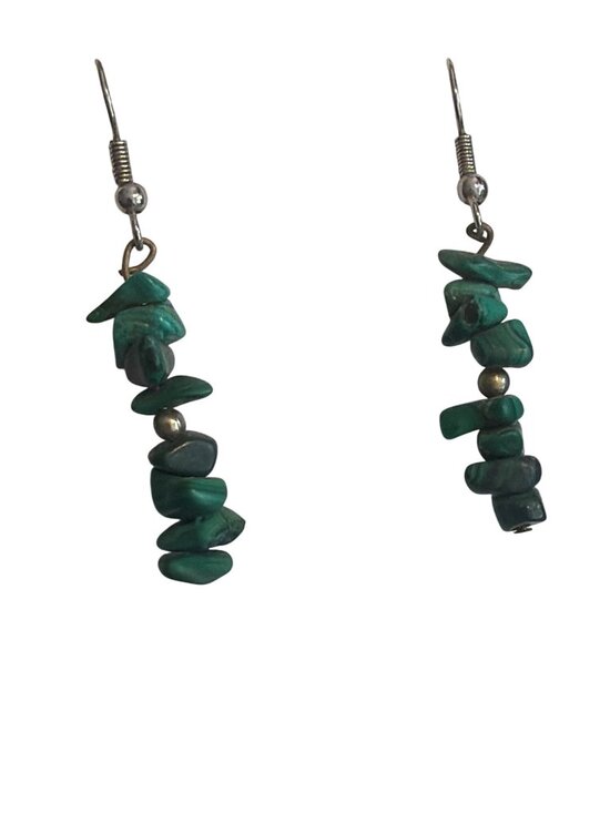 Jewelry - Malachite Chip Beaded Dangle Earrings Silver Tone Hooks 2" Long Natural